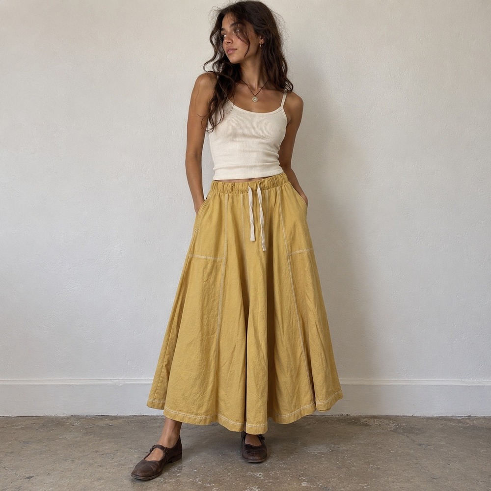 Free People Free-est Womens Strada Skirt Small Yellow Drawstring Exposed Seam